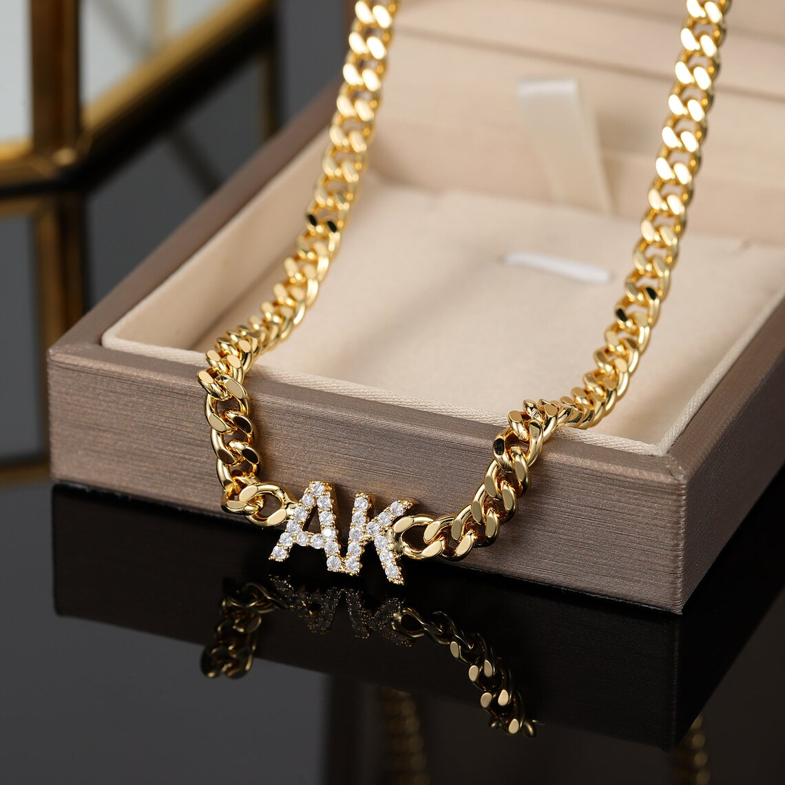 Personalized 2 Initial Zircon Letter Cuber Chain Necklace