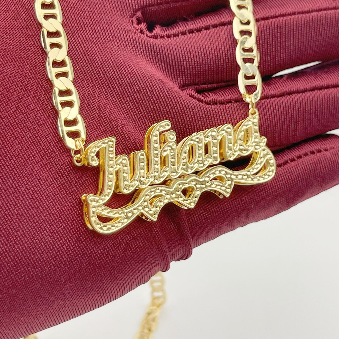 Double Layer Nameplate with Heart Mariner Chain Personalized Name Necklace 
