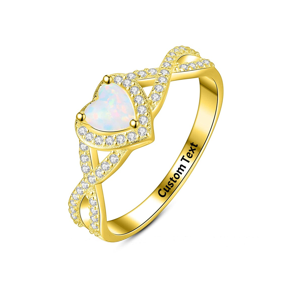 Diamond Crossover Ring Sterling Silver Personalized Engraved Opal Ring
