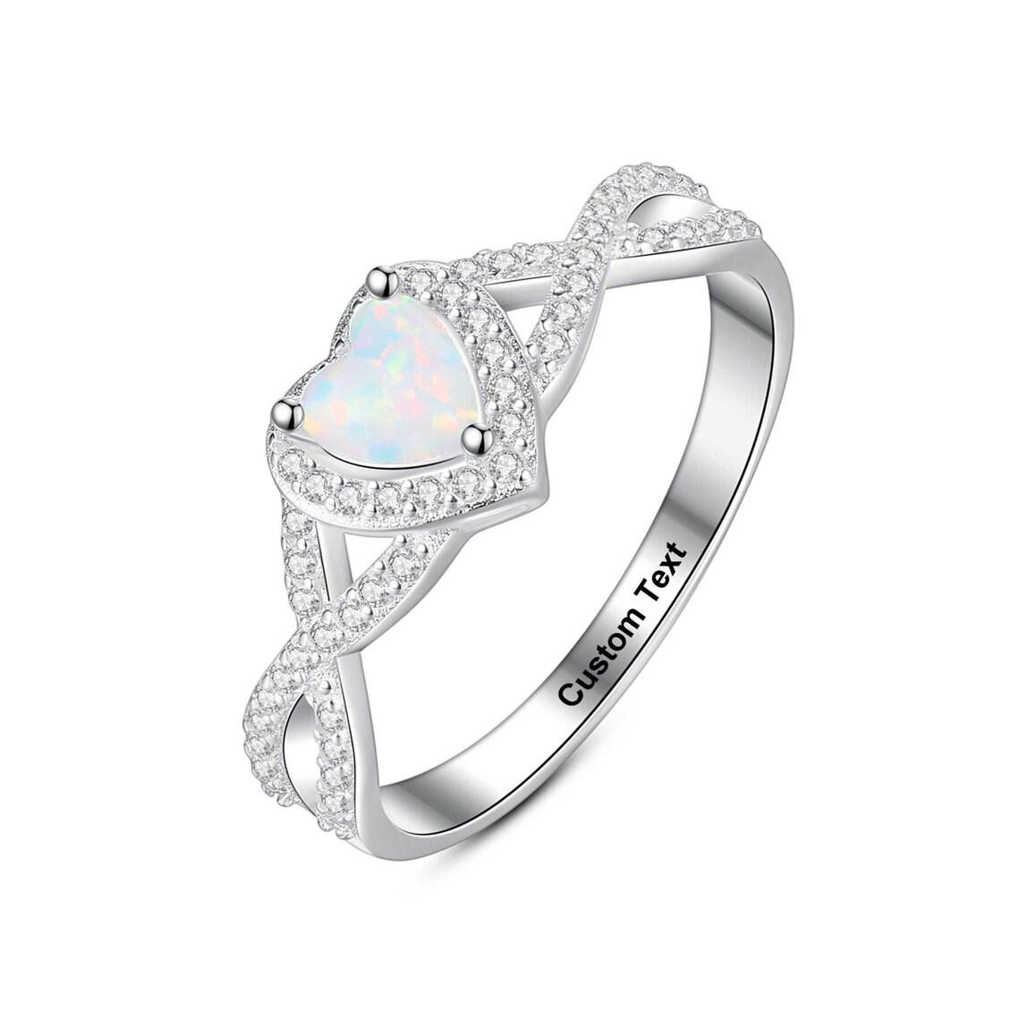 Diamond Crossover Ring Sterling Silver Personalized Engraved Opal Ring