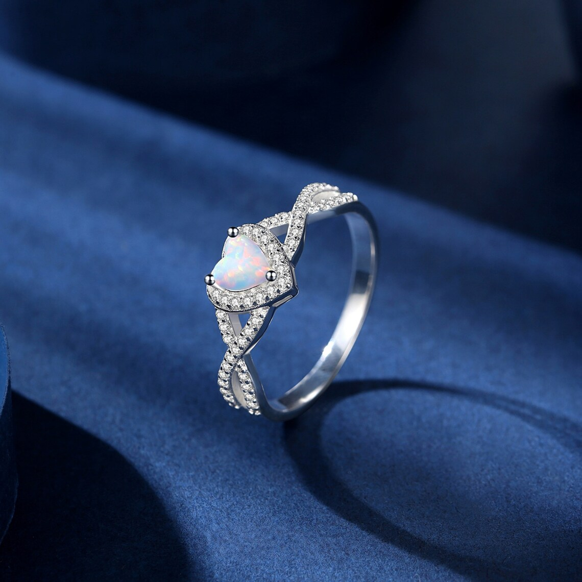 Diamond Crossover Ring Sterling Silver Personalized Engraved Opal Ring