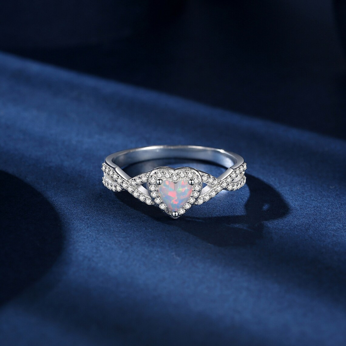 Diamond Crossover Ring Sterling Silver Personalized Engraved Opal Ring