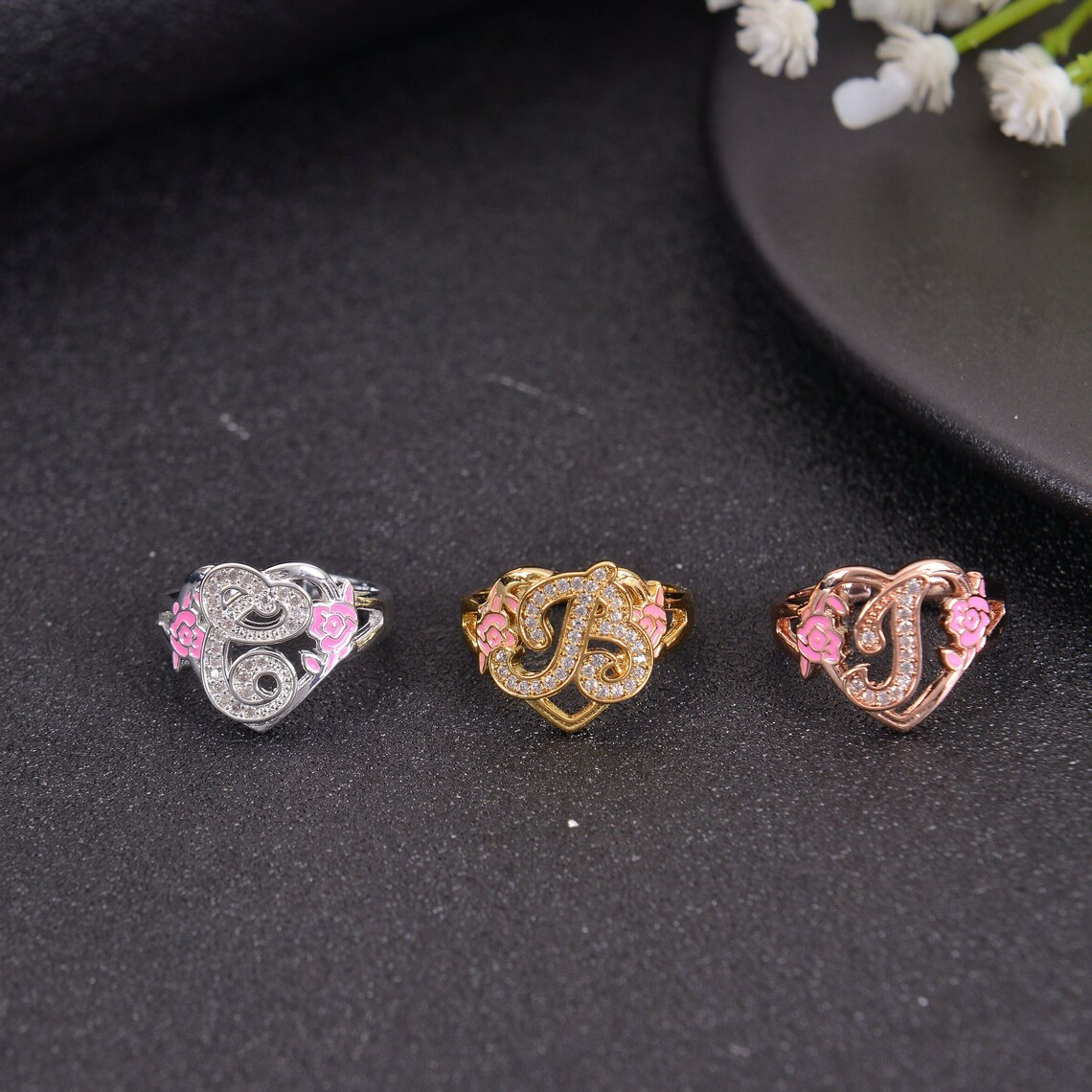 Personalized Heart Shape Initial Flower Ring Custom Ring for Women