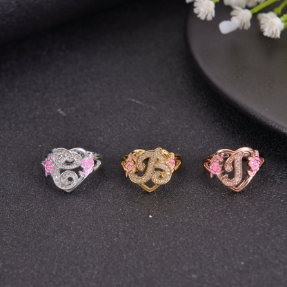 Personalized Heart Shape Initial Flower Ring Custom Ring for Women