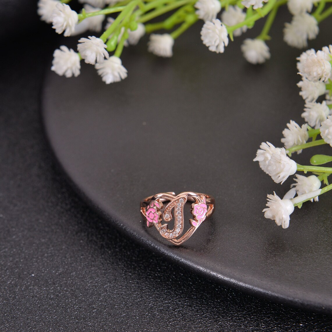 Personalized Heart Shape Initial Flower Ring Custom Ring for Women
