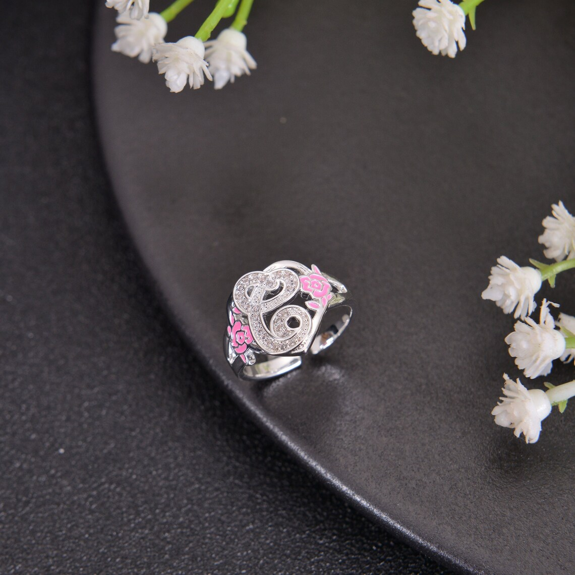 Personalized Heart Shape Initial Flower Ring Custom Ring for Women