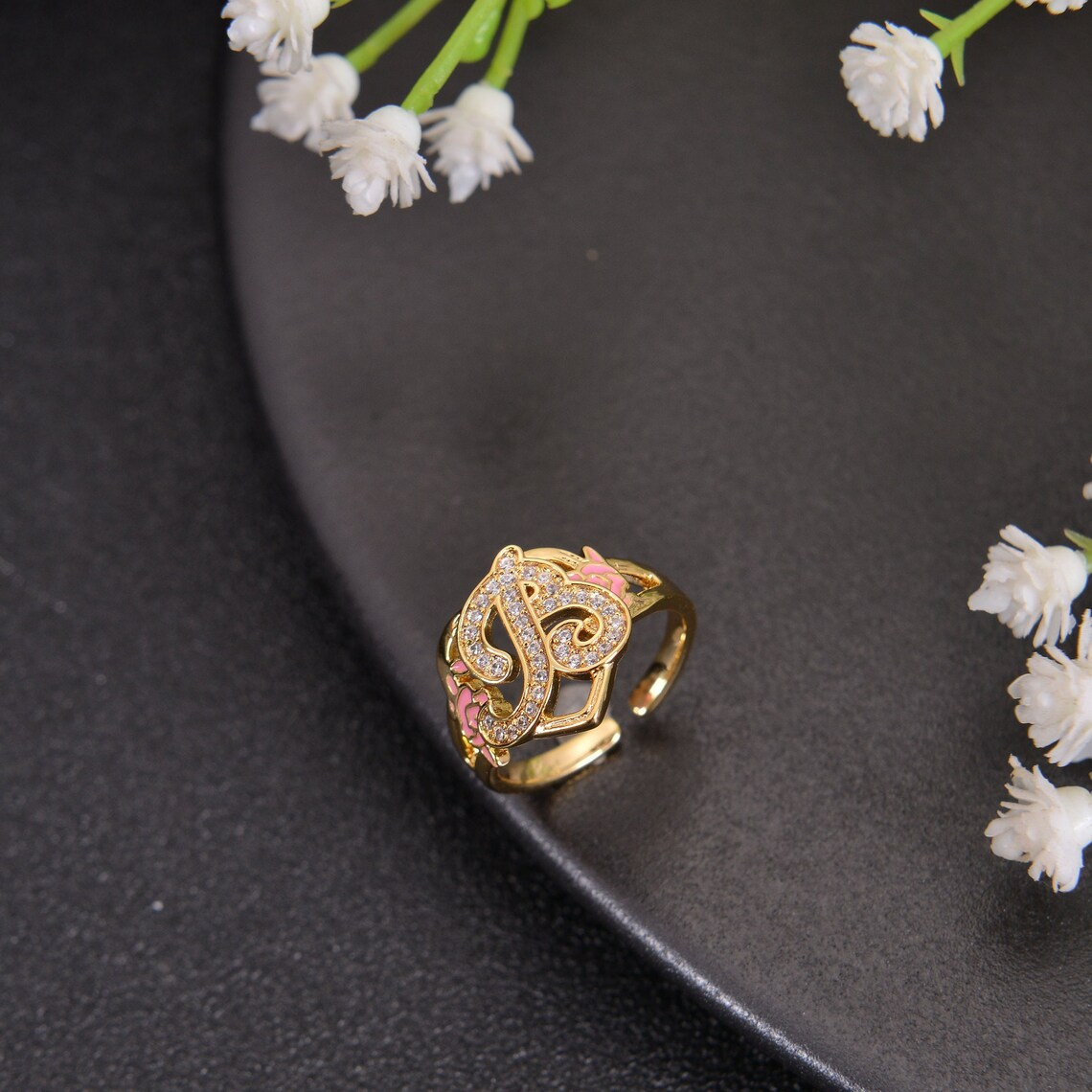 Personalized Heart Shape Initial Flower Ring Custom Ring for Women