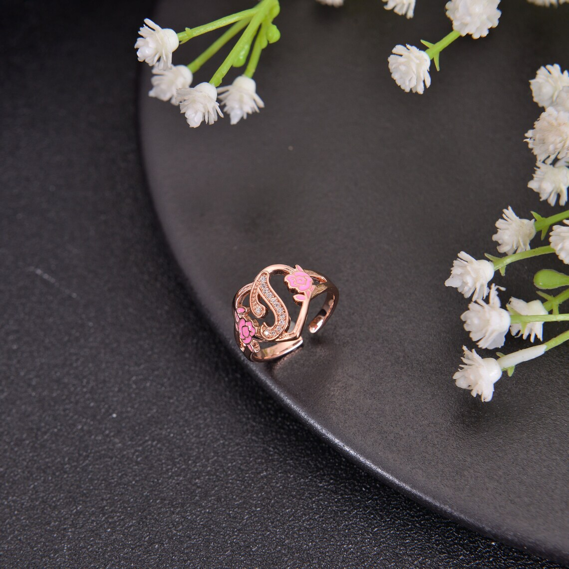 Personalized Heart Shape Initial Flower Ring Custom Ring for Women