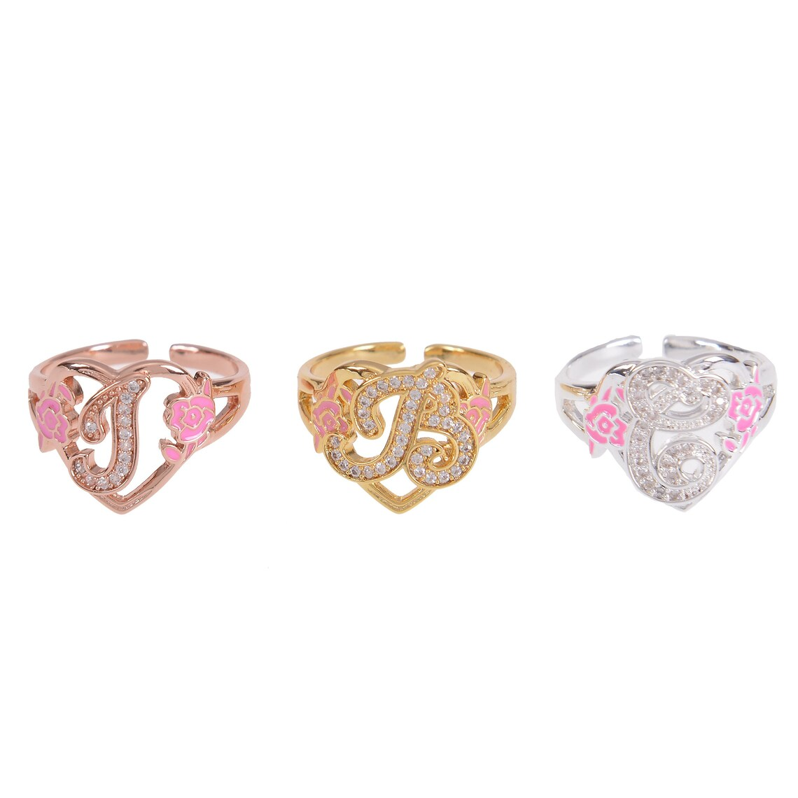 Personalized Heart Shape Initial Flower Ring Custom Ring for Women