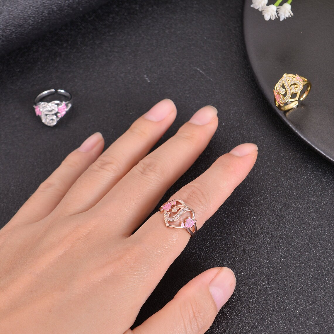 Personalized Heart Shape Initial Flower Ring Custom Ring for Women