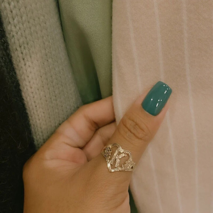 Personalized Flower Heart Initial Letter Ring Custom Ring