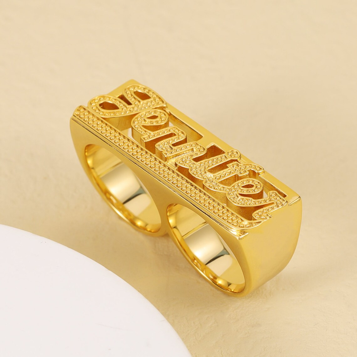 Personalized Two Fingers Ring Gold Plate Name Ring
