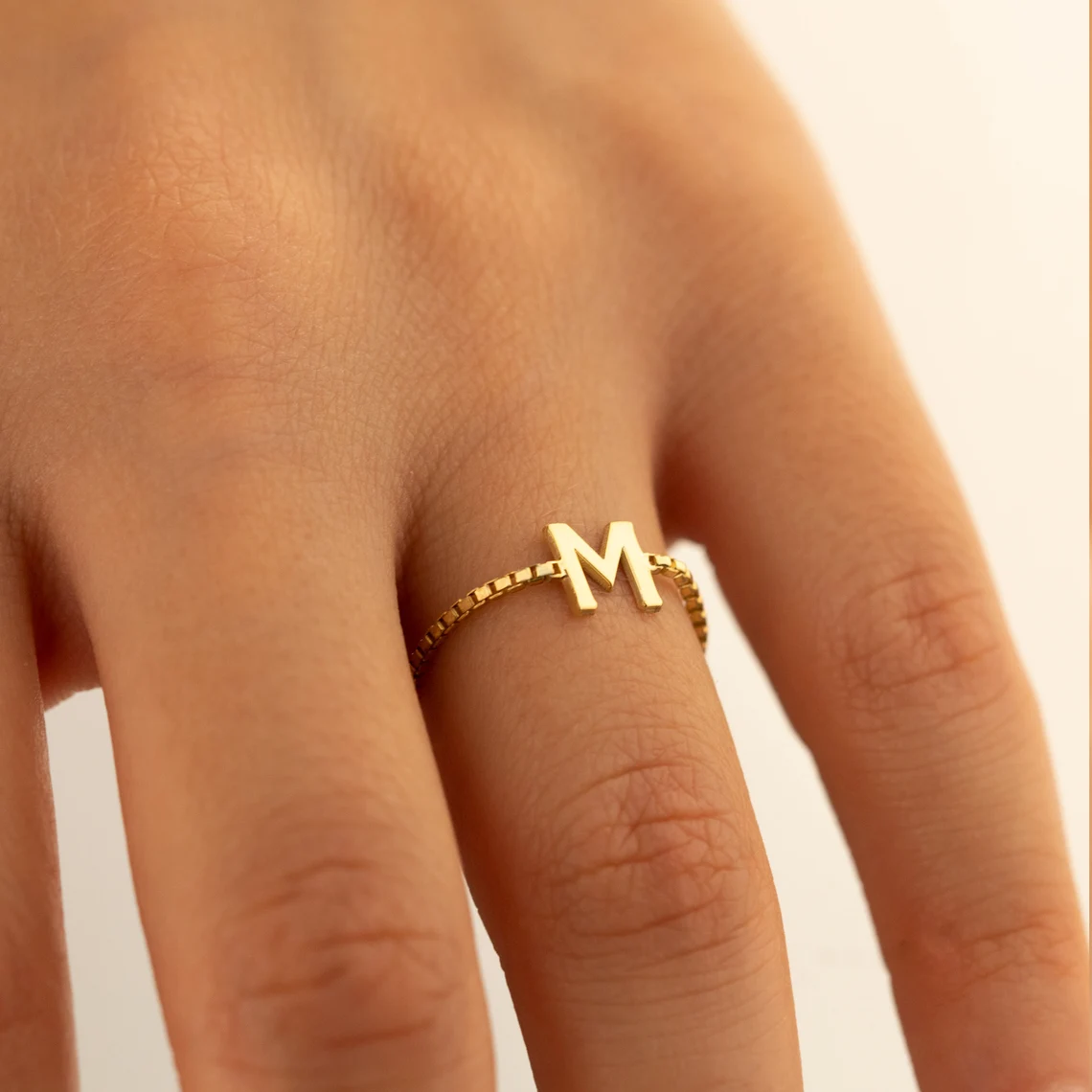 Initial Letter Box Chain Ring Personalized Gold Plate Name Ring