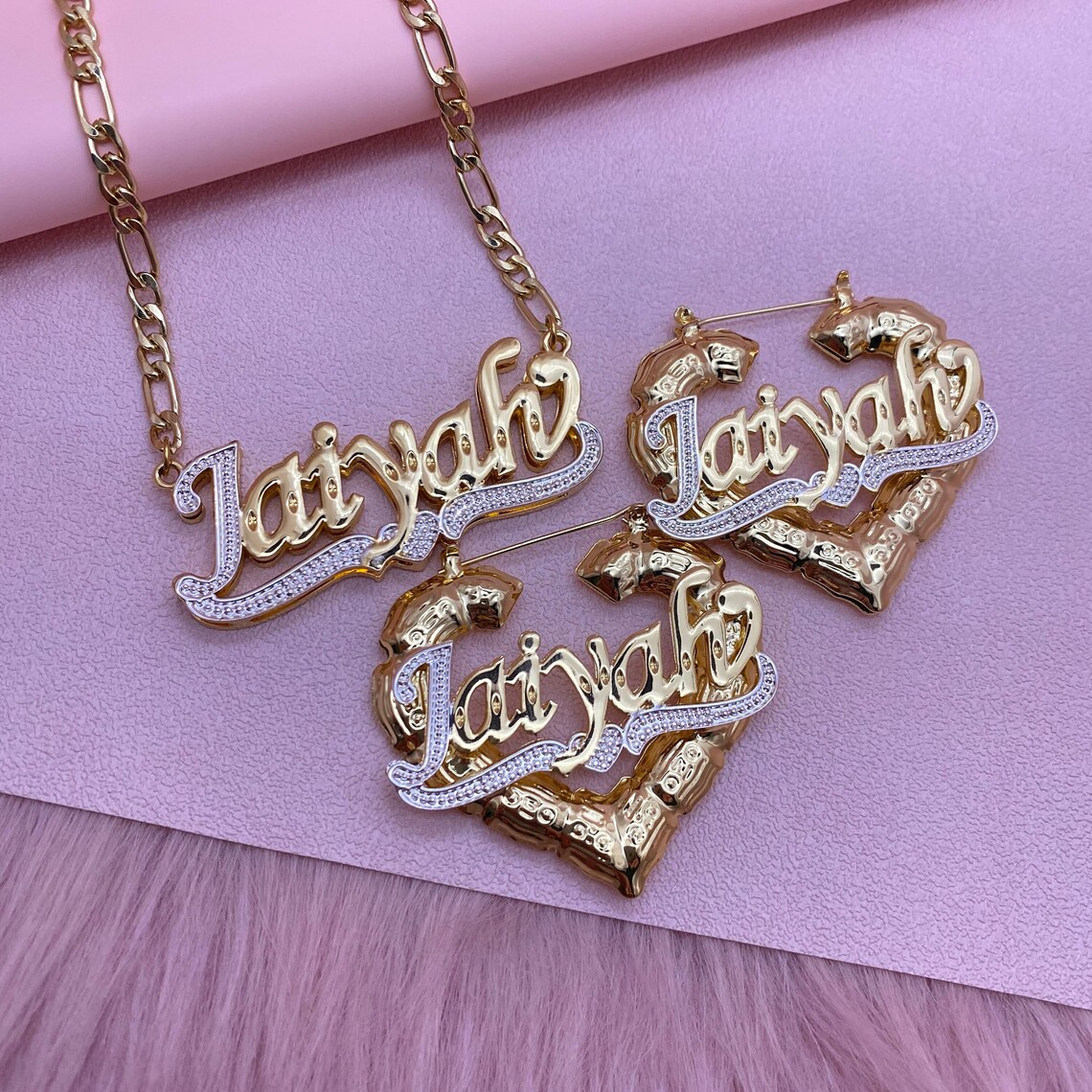 Custom Two Tone Double Plate Heart Name Necklace & Bamboo Earrings Jewelry Set-silviax