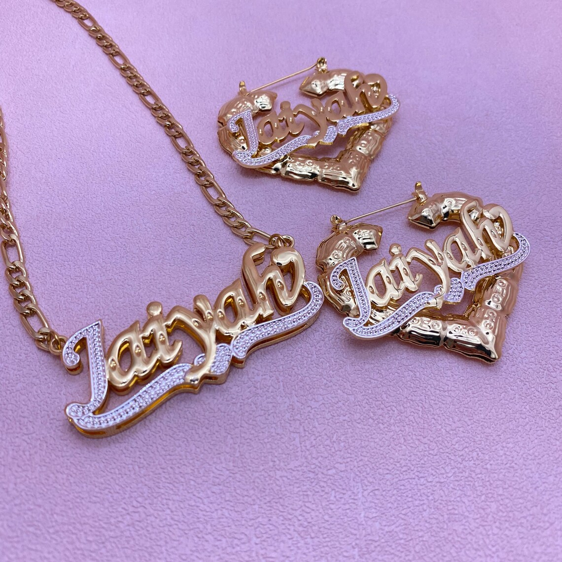 Custom Two Tone Double Plate Heart Name Necklace & Bamboo Earrings Jewelry Set-silviax