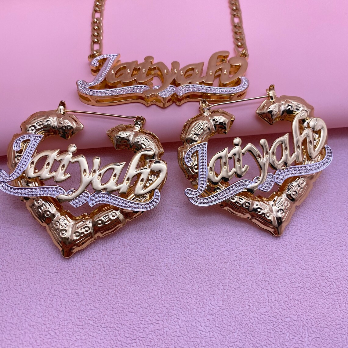 Custom Two Tone Double Plate Heart Name Necklace & Bamboo Earrings Jewelry Set-silviax