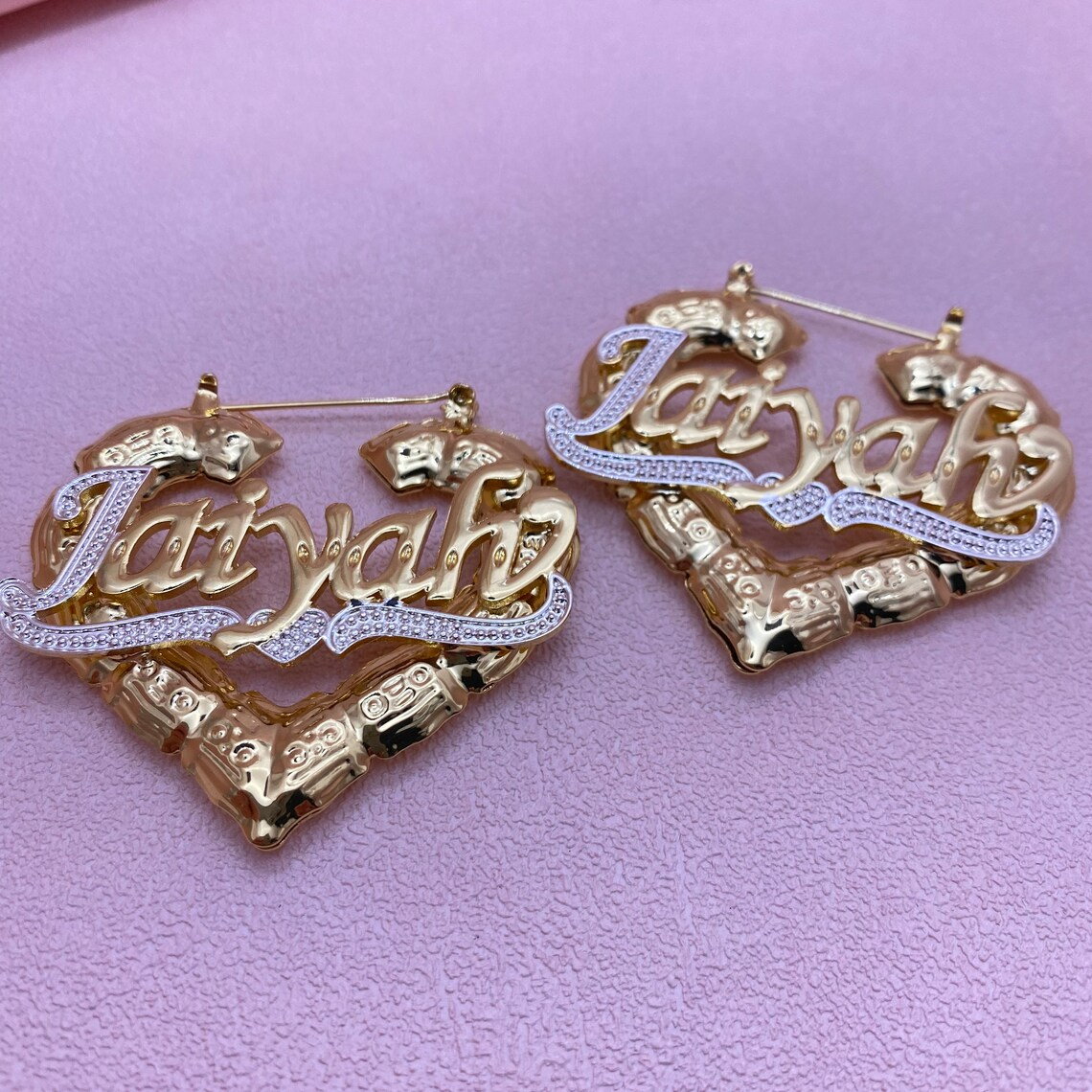 Custom Two Tone Double Plate Heart Name Necklace & Bamboo Earrings Jewelry Set-silviax