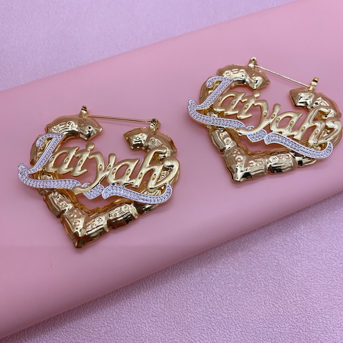 Custom Two Tone Double Plate Heart Name Necklace & Bamboo Earrings Jewelry Set-silviax