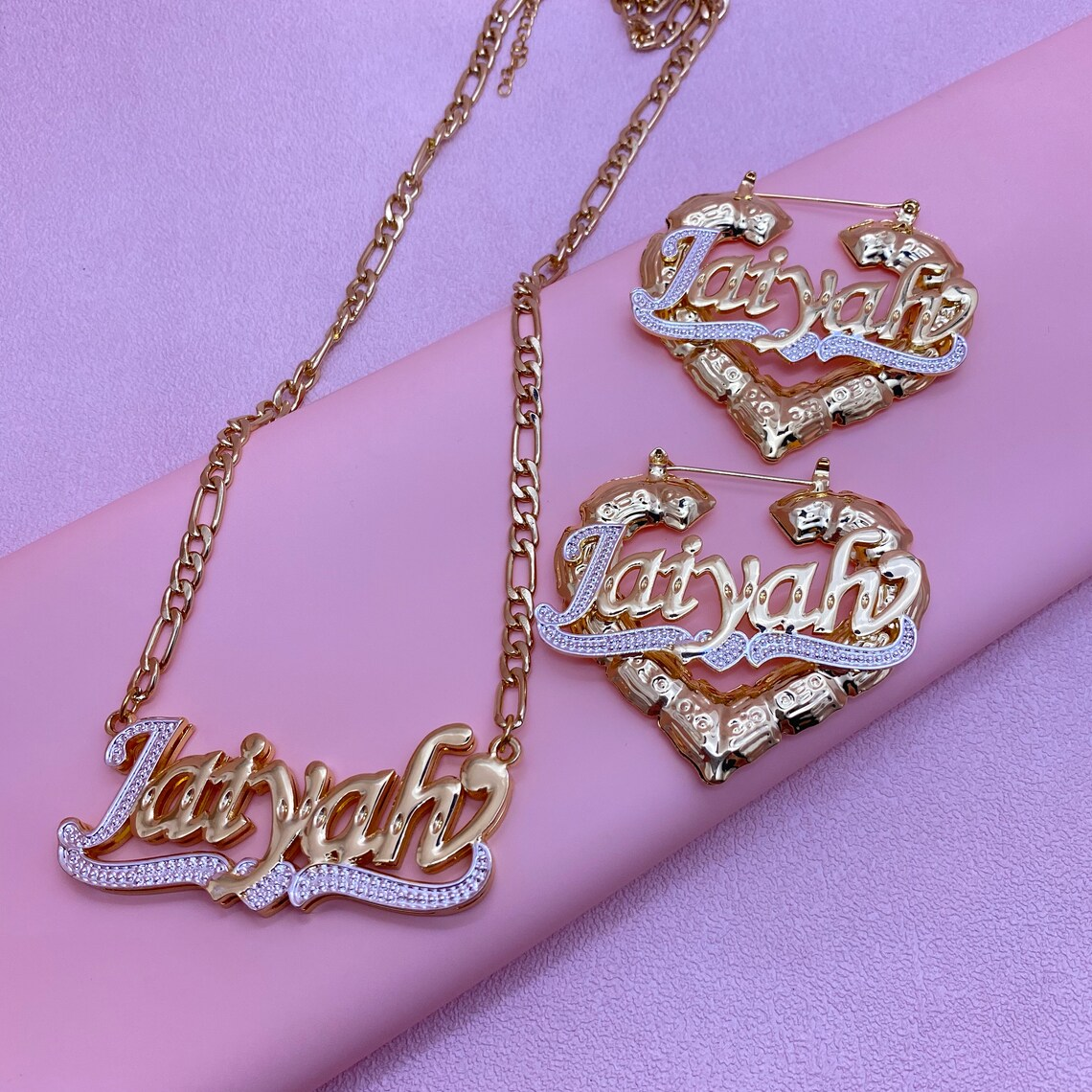 Custom Two Tone Double Plate Heart Name Necklace & Bamboo Earrings Jewelry Set-silviax