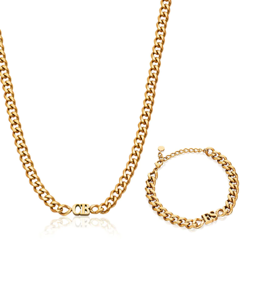 2 Initial Choker Necklace and Bracelet Personalized Jewelry Set with Cuban Chain-silviax