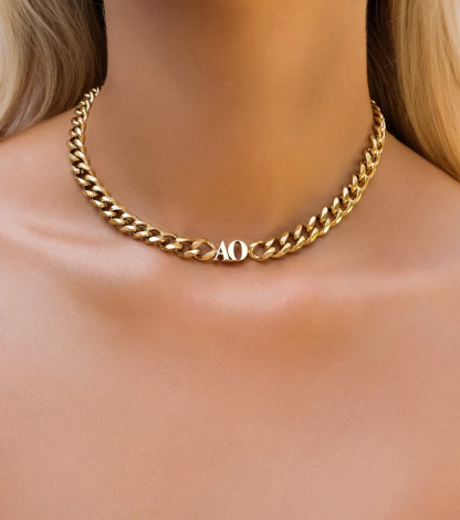 2 Initial Choker Necklace and Bracelet Personalized Jewelry Set with Cuban Chain-silviax