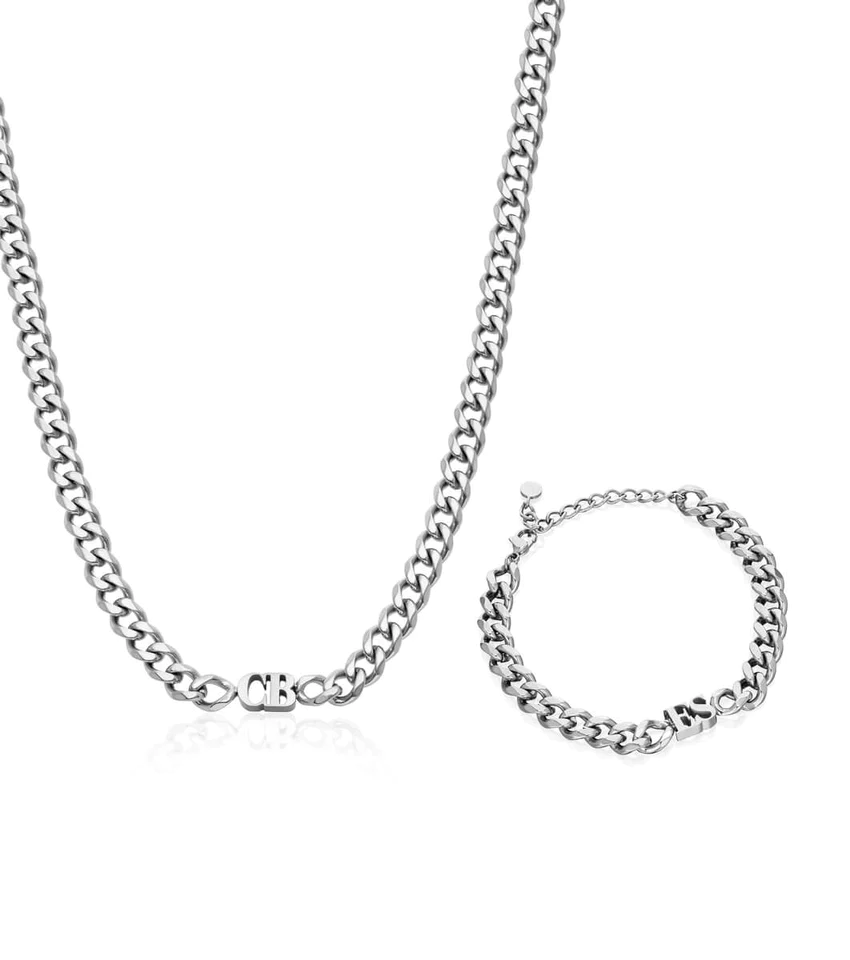 2 Initial Choker Necklace and Bracelet Personalized Jewelry Set with Cuban Chain-silviax