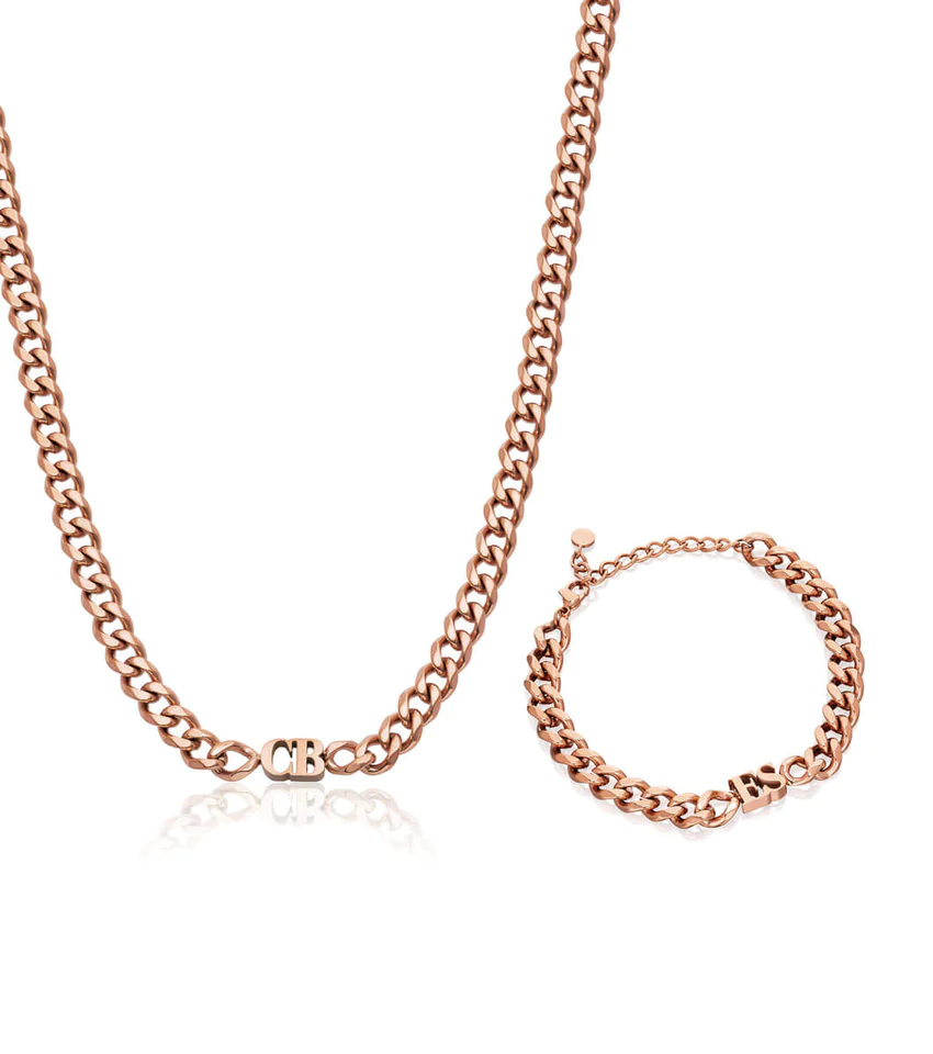 2 Initial Choker Necklace and Bracelet Personalized Jewelry Set with Cuban Chain-silviax