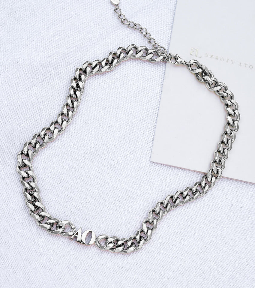 2 Initial Choker Necklace and Bracelet Personalized Jewelry Set with Cuban Chain-silviax