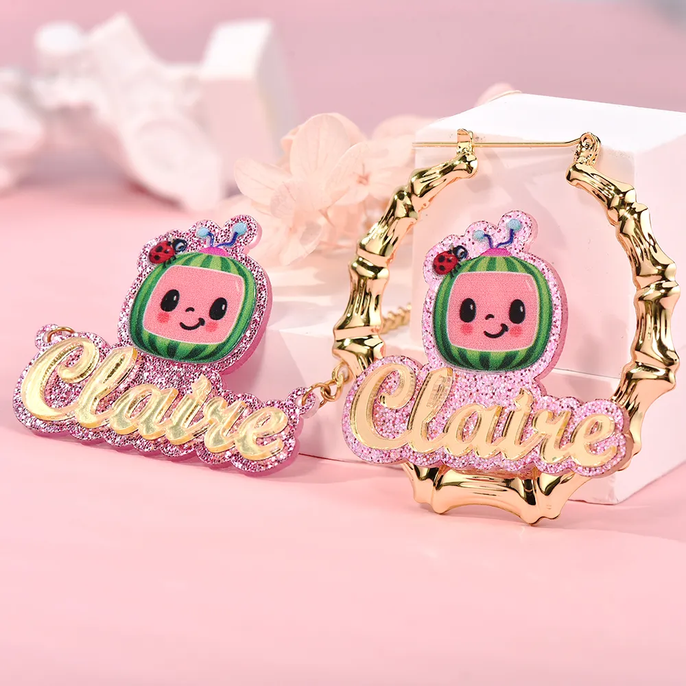 Acrylic Cute Watermelon Nameplate Personalized Jewelry Set 3pcs Buddha Necklace Name Necklace And Bambom Earring