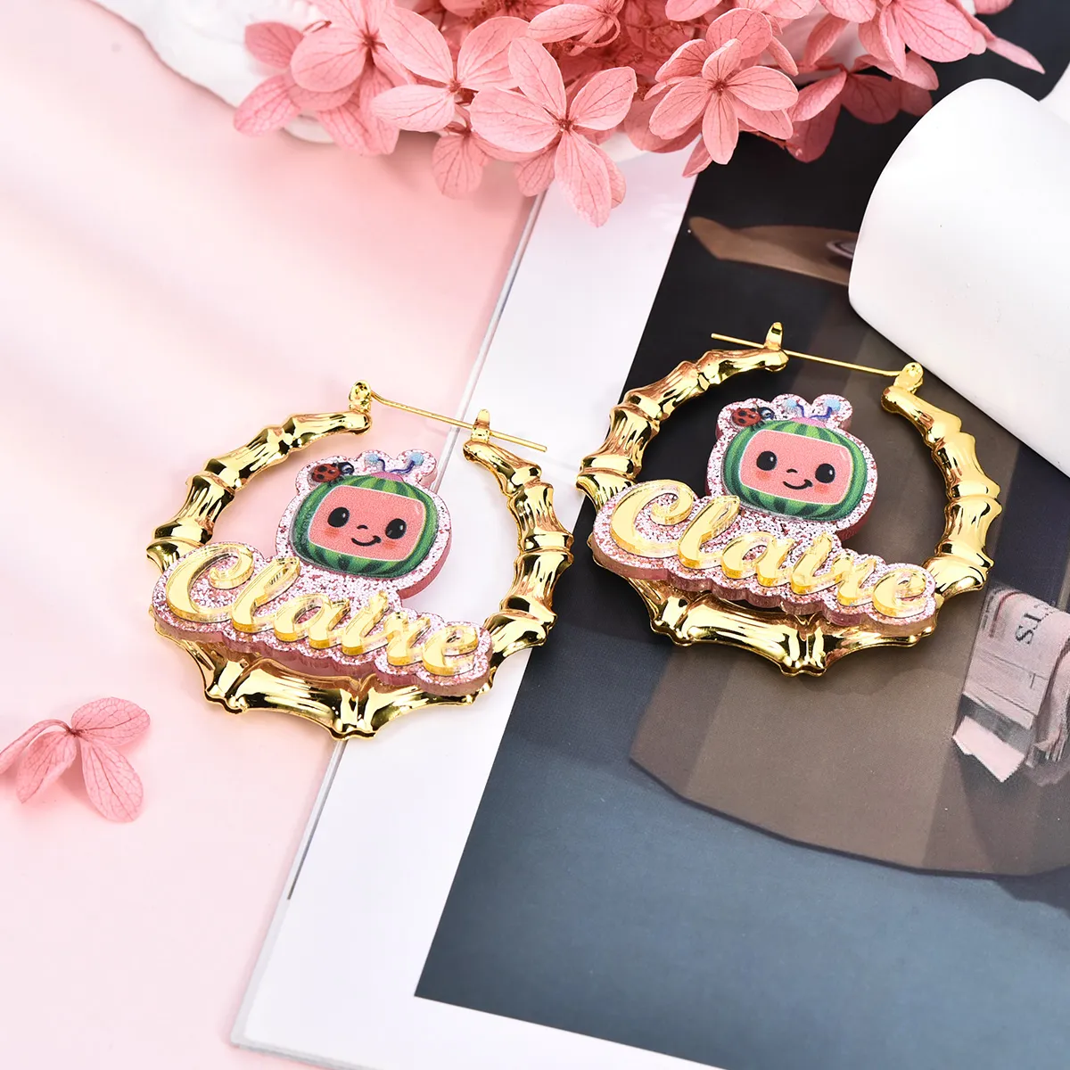 Acrylic Cute Watermelon Nameplate Personalized Jewelry Set 3pcs Buddha Necklace Name Necklace And Bambom Earring