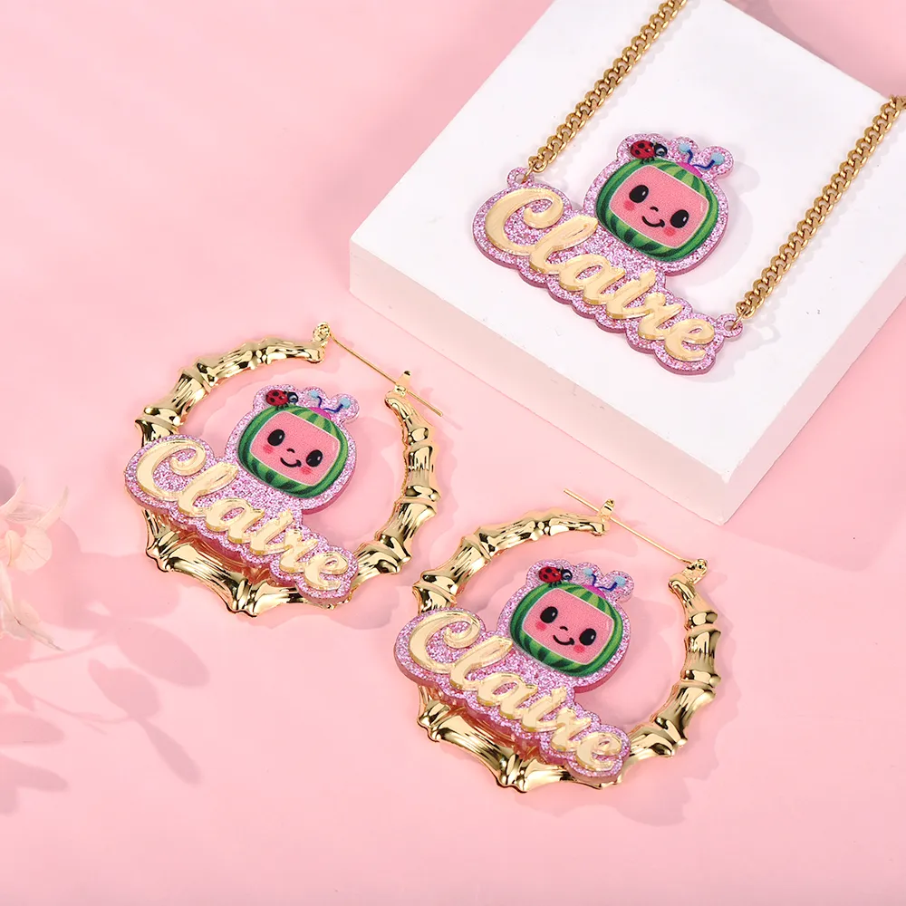 Acrylic Cute Watermelon Nameplate Personalized Jewelry Set 3pcs Buddha Necklace Name Necklace And Bambom Earring