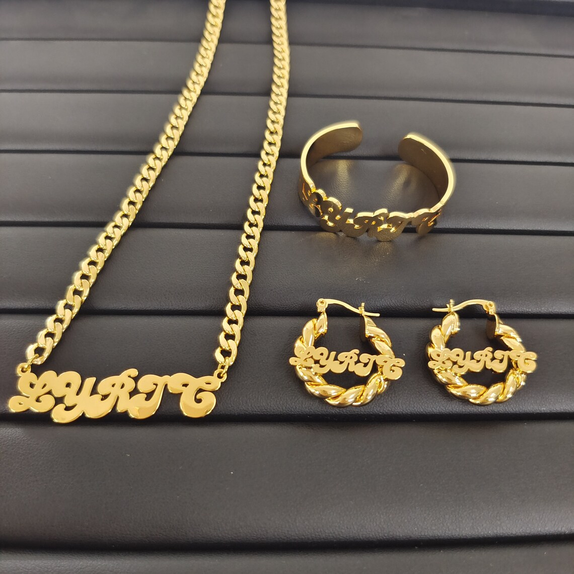 Kids Baby Nameplate Personalized Jewelry Set 3pcs Name Necklace And Bracelet Mini Bambom Earrings