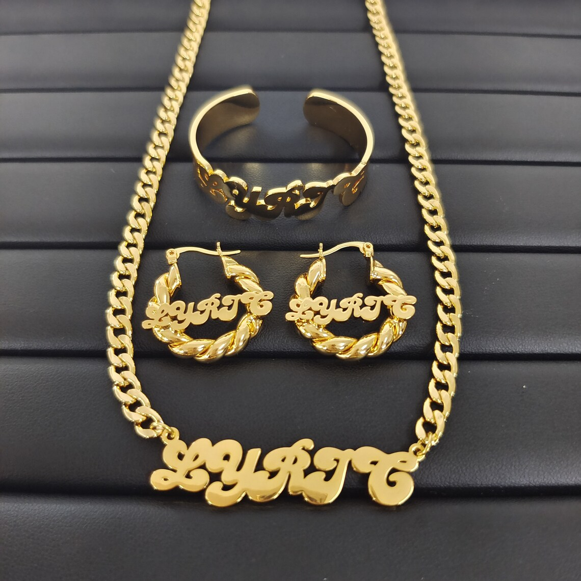 Kids Baby Nameplate Personalized Jewelry Set 3pcs Name Necklace And Bracelet Mini Bambom Earrings