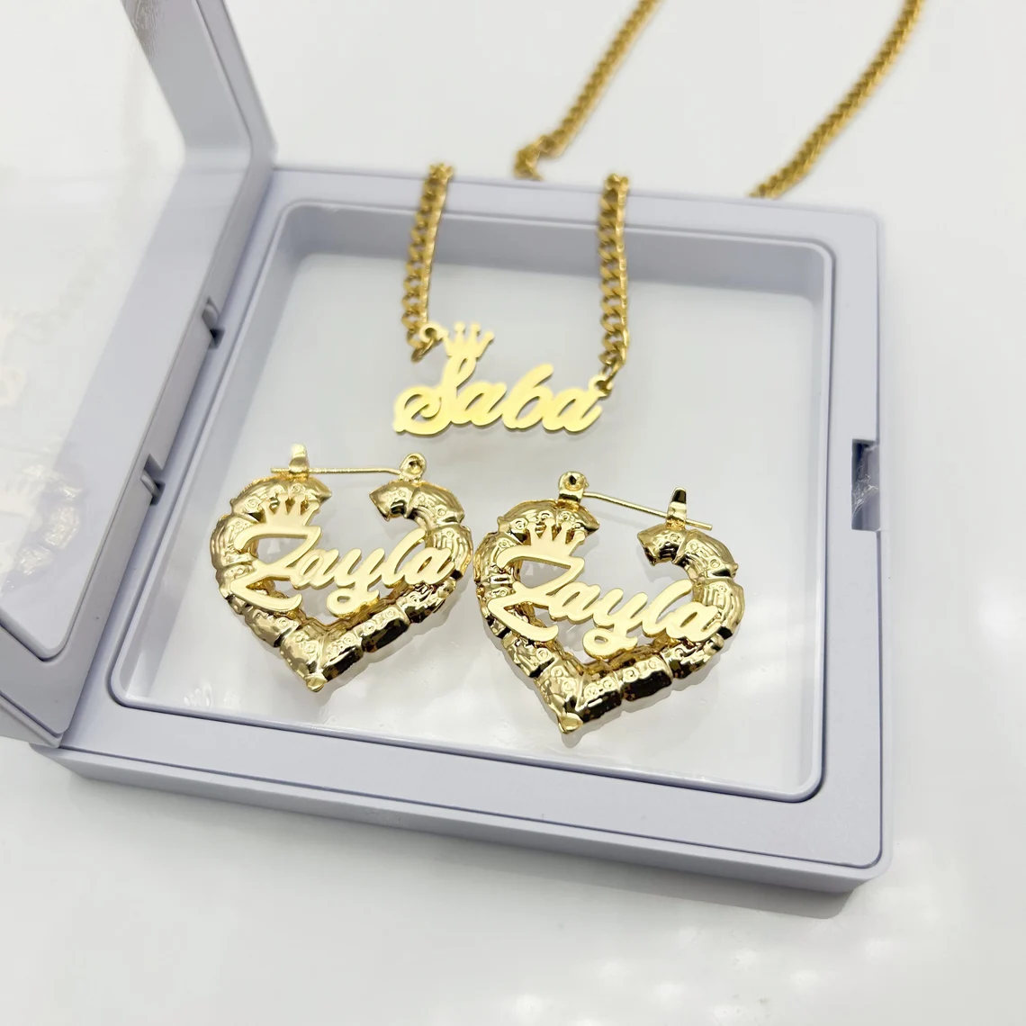 Crown Kids Nameplate Personalized Jewelry Set 2pcs Name Necklace And Bambom Earrings
