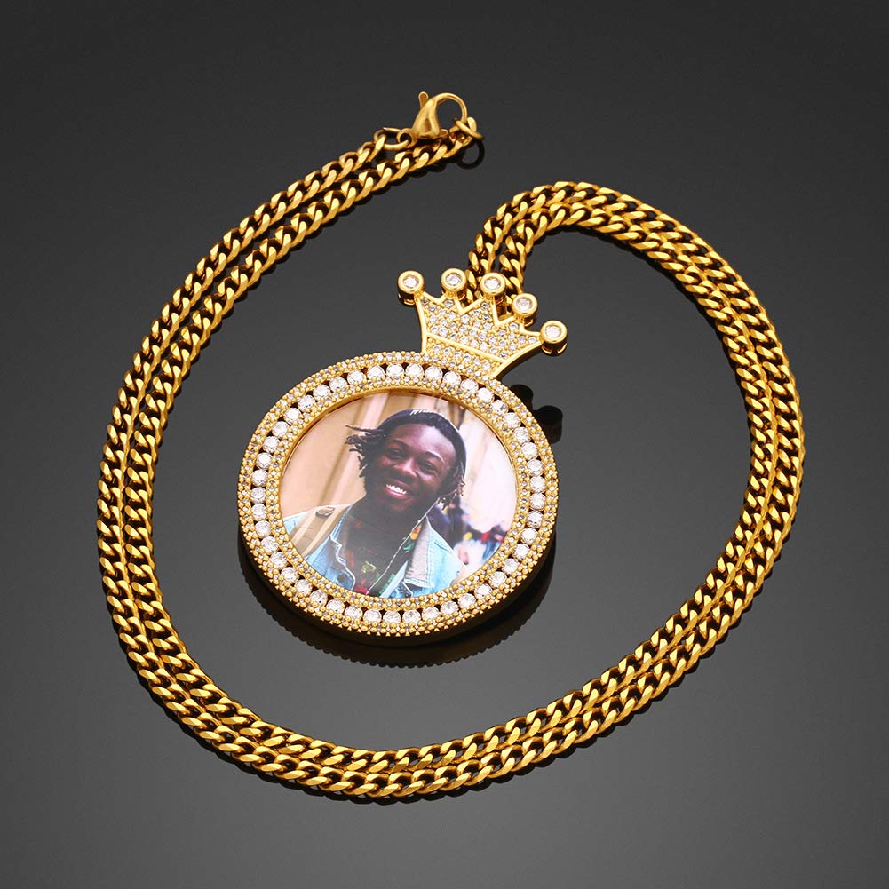 Round Pendant with Crown Photo Necklace Gold Plated-silviax