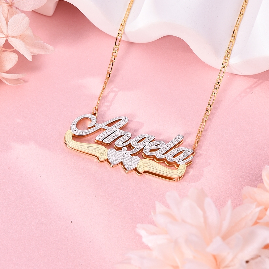 Two Tone Double Plate Gold Plated Personalized Two Heart 3D Name Necklace-silviax