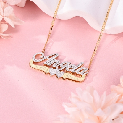 Two Tone Double Plate Gold Plated Personalized Two Heart 3D Name Necklace-silviax