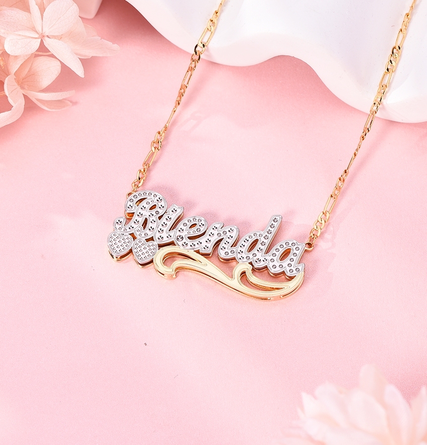 Two Tone Double Layer Personalized Custom 3D Name Necklace with Double Heart-silviax