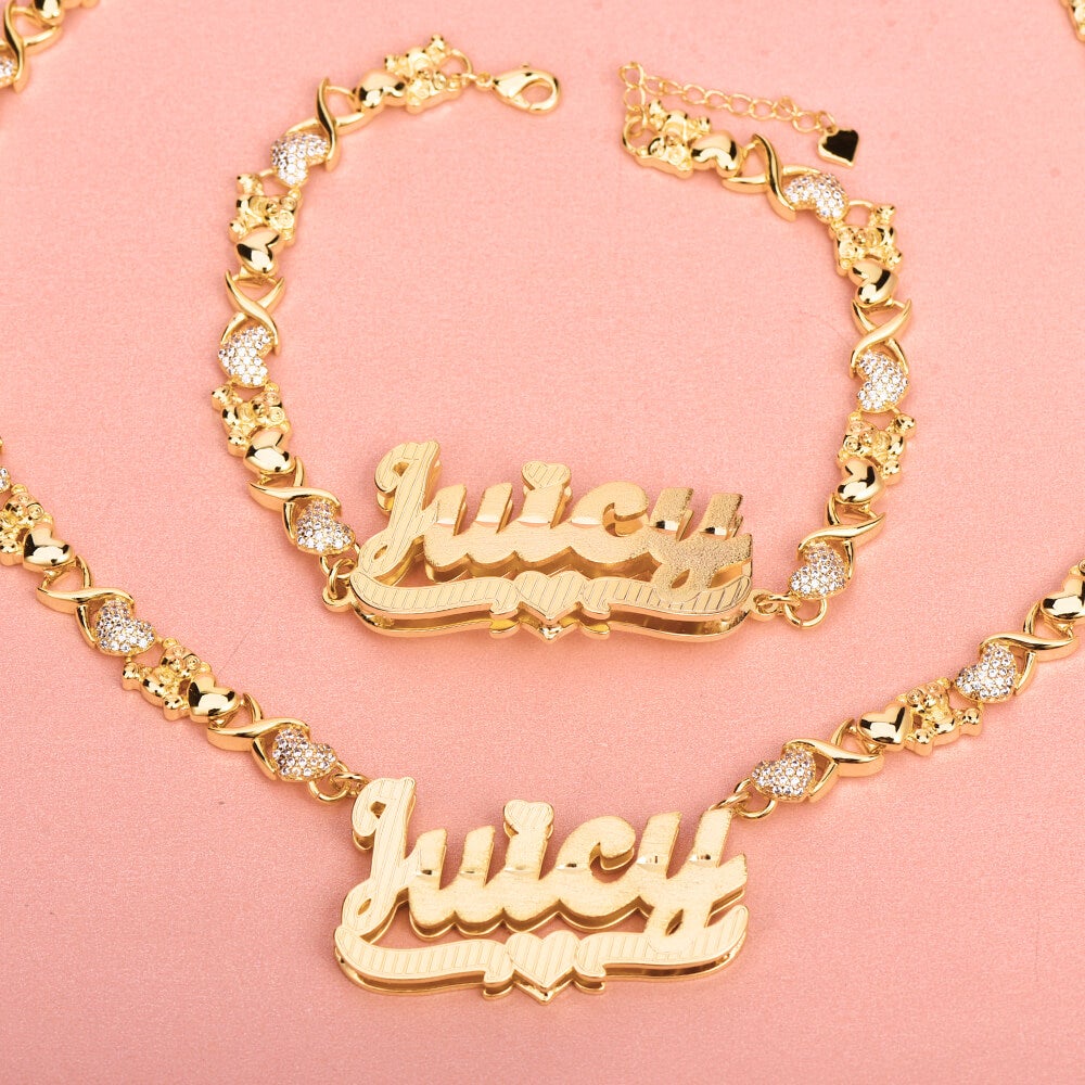 Personalized Teddy Heart XOXO Jewelry Set Custom Hugs & Kiss Name Necklace and Bracelet