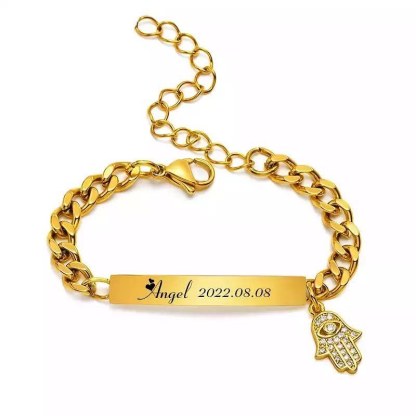 Personalized Hamsa Hand Engraved Bar Name and Date Baby Bracelet-silviax