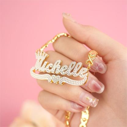 Double Layer Two Tone XOXO Chain with Crown And Heart Personalized Custom Gold Plated Name Necklace-silviax
