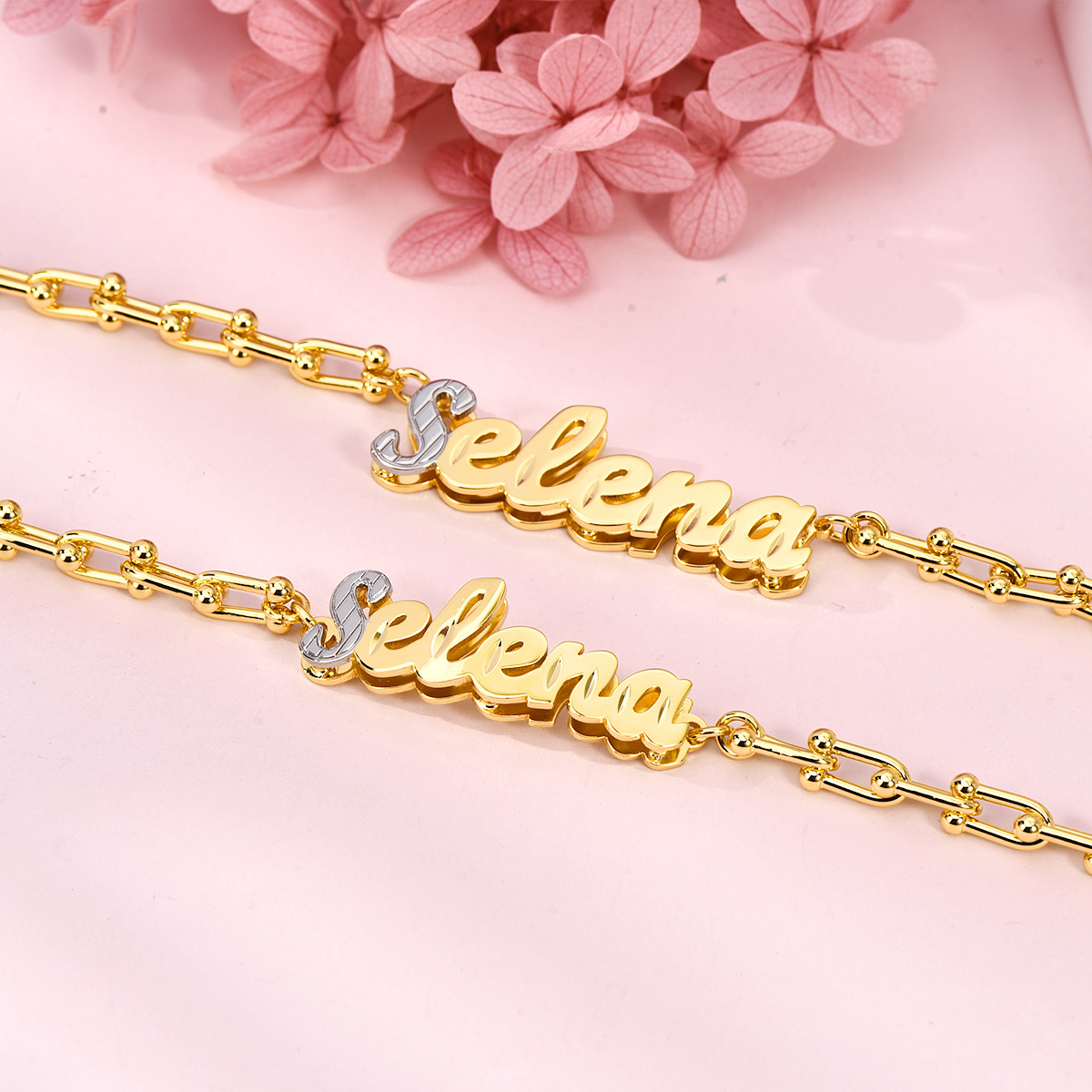U Link Chain Two Tone Personalized Custom Set Name Necklace And Bracelet-silviax