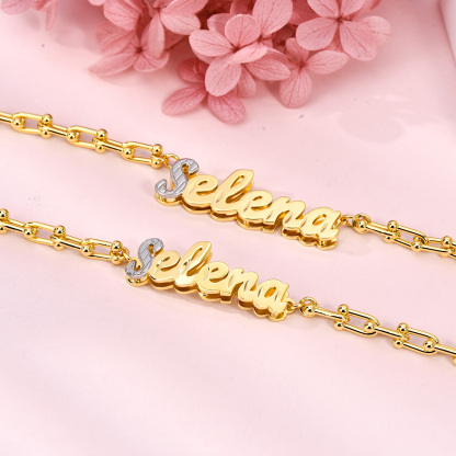 U Link Chain Two Tone Personalized Custom Set Name Necklace And Bracelet-silviax