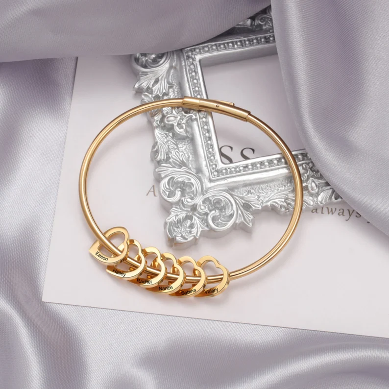 Personalized Family Name Bangle Bracelet with Hollow Heart 2-6 Names-silviax