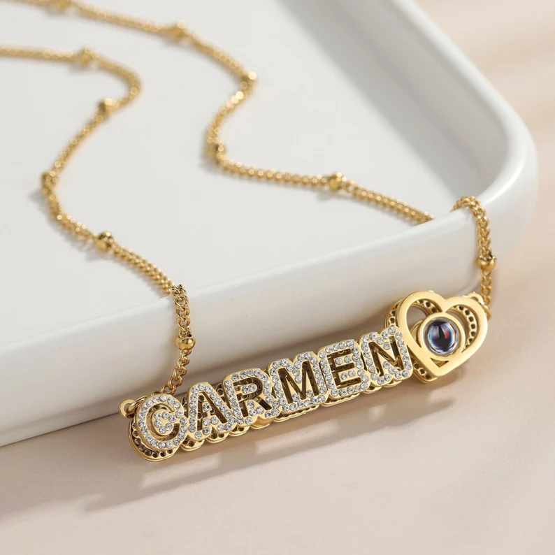 Double Plate Zirconia Custom Heart Name Photo Projection Necklace Mother Gift-silviax