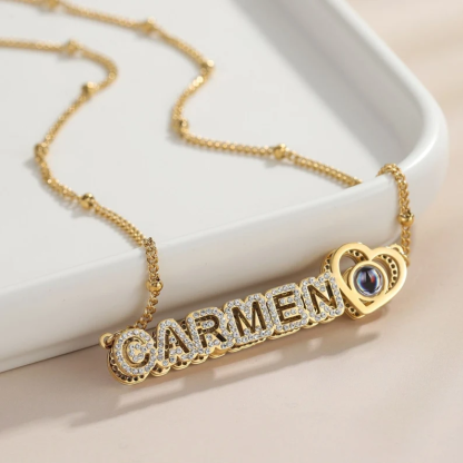 Double Plate Zirconia Custom Heart Name Photo Projection Necklace Mother Gift-silviax