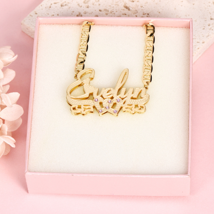 Double Layer Two Heart with Pink Zircon Personalized Custom 3D Name Necklace-silviax