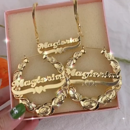 Snake Chain Double Layer Heart Name Necklace And XOXO Bamboo Earrings with Heart Jewelry Set
