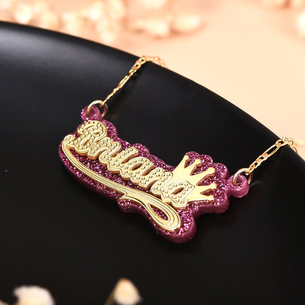 Acrylic Double Plate Crown Personalized Custom Gold Plated Name Necklace-silviax