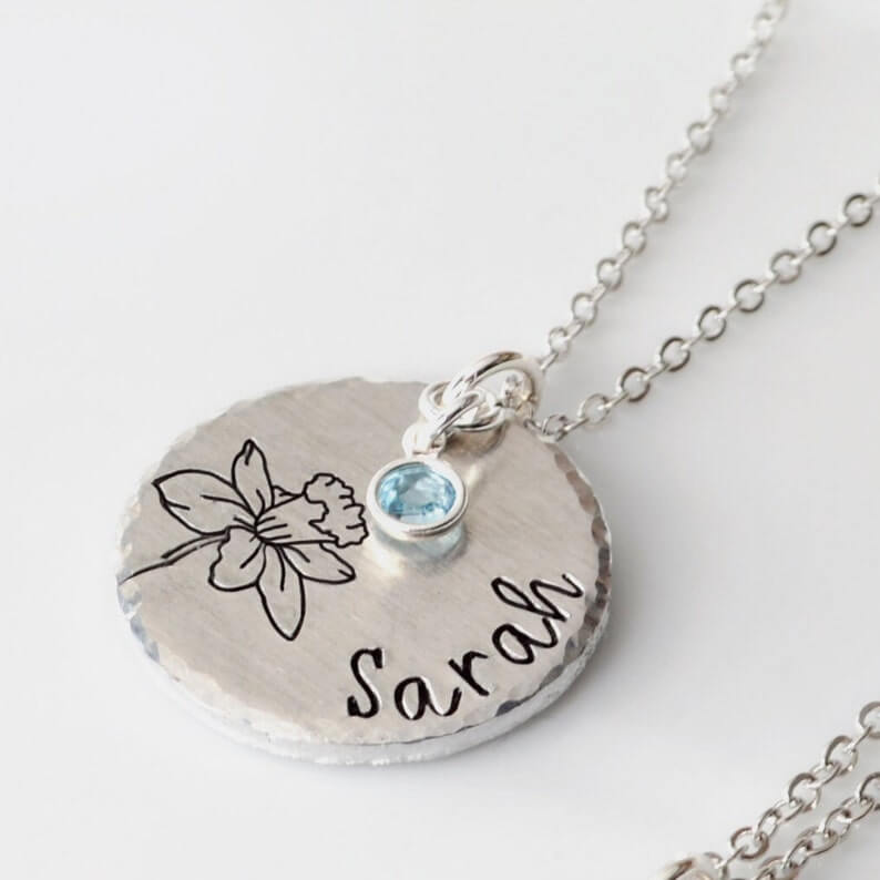 Birth Flower With Birthstone White Gold Round Plate Pendant Personalized Custom Engraved Name Necklace-silviax